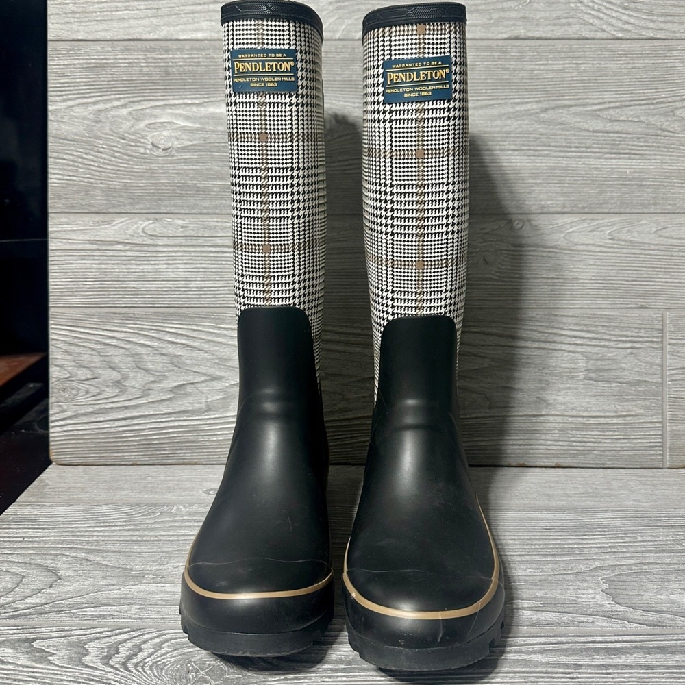 Pendleton Womens Houndstooth Rubber Rain Boots Black White Tall Size 9 Carnegie - Picture 3 of 9